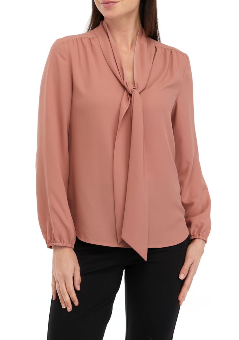 Petite Crepe Long Sleeve Bow Blouse