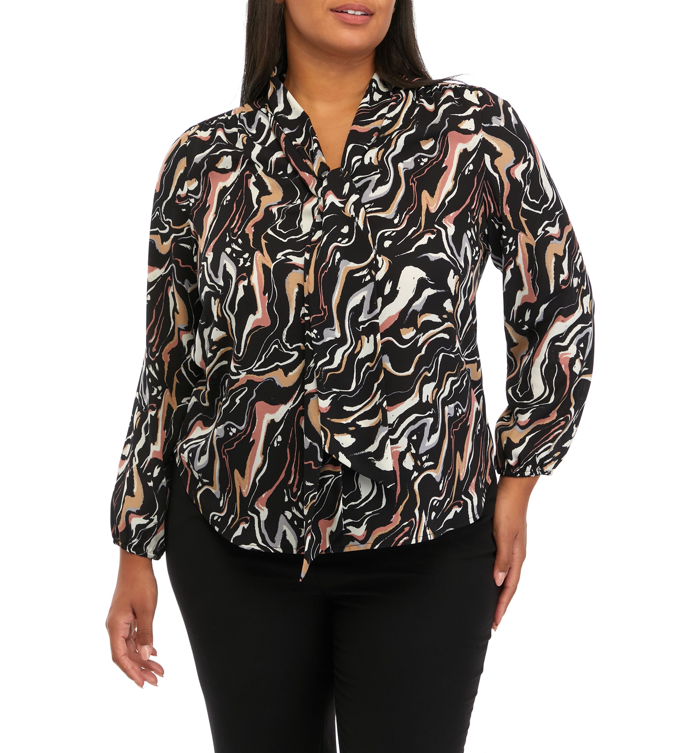 Plus Size Swirl Print Long Sleeve Bow Blouse