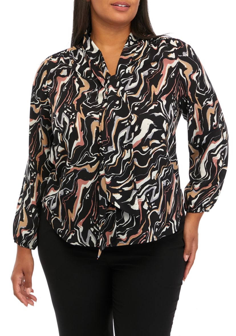 Plus Size Swirl Print Long Sleeve Bow Blouse