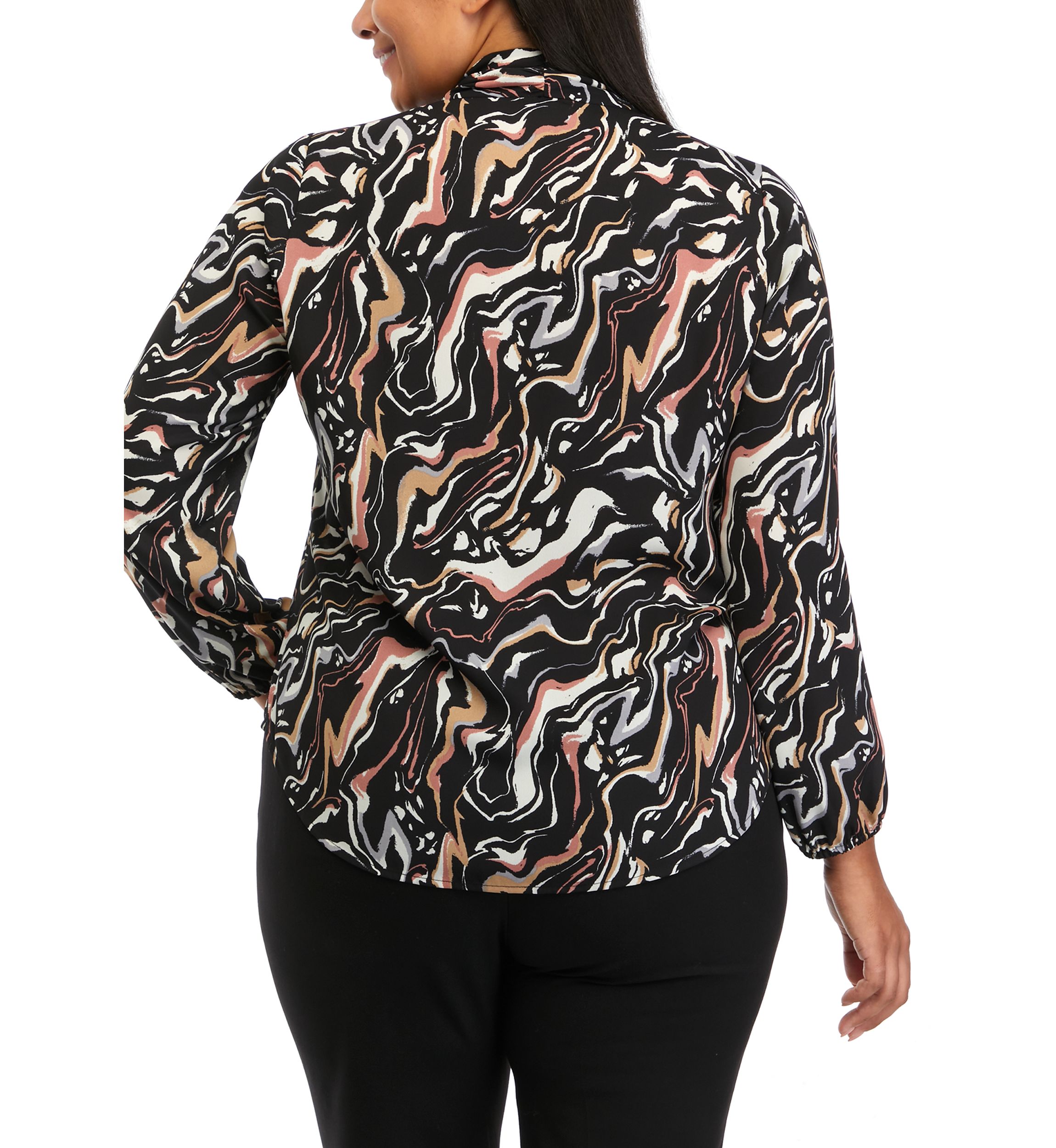Plus Size Swirl Print Long Sleeve Bow Blouse