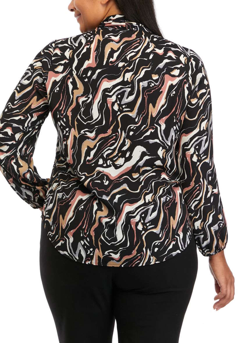 Plus Size Swirl Print Long Sleeve Bow Blouse