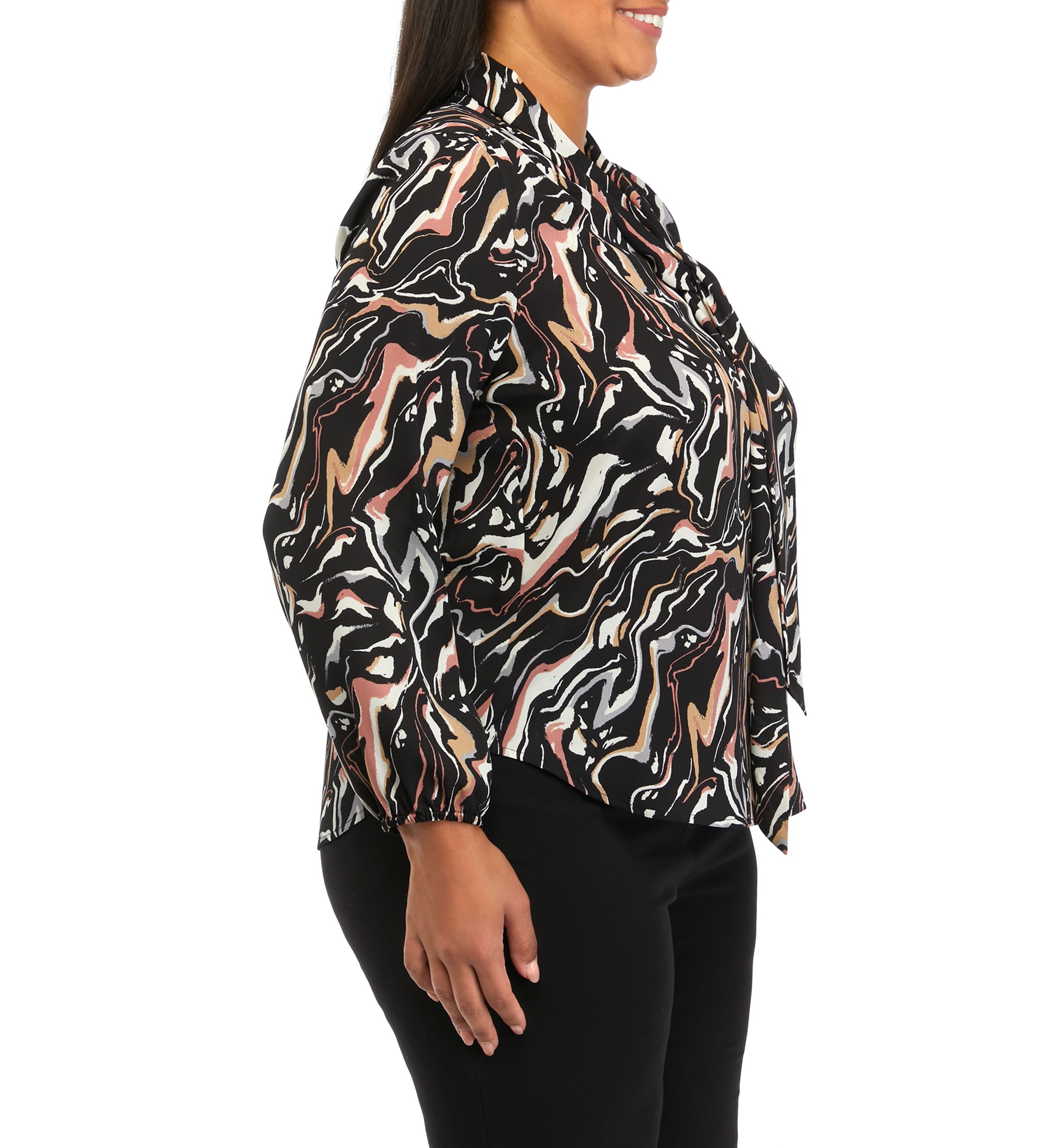 Plus Size Swirl Print Long Sleeve Bow Blouse