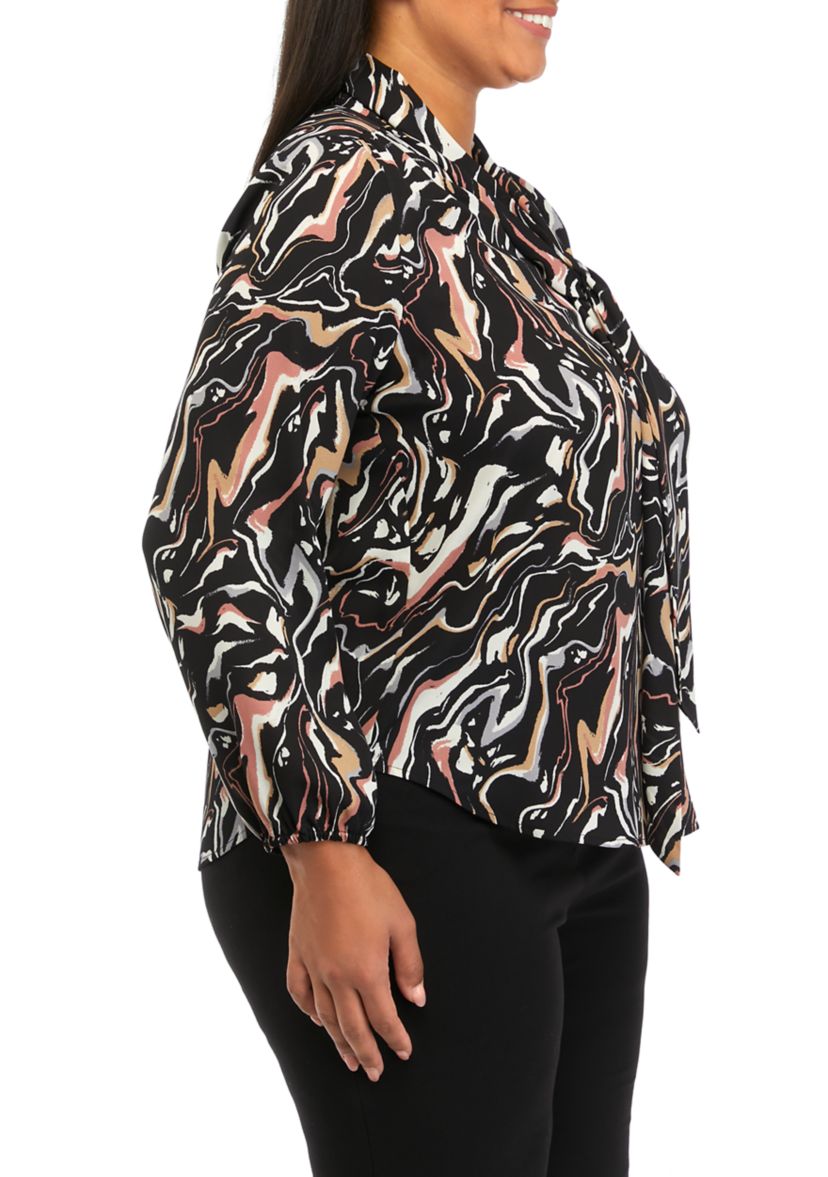 Plus Size Swirl Print Long Sleeve Bow Blouse