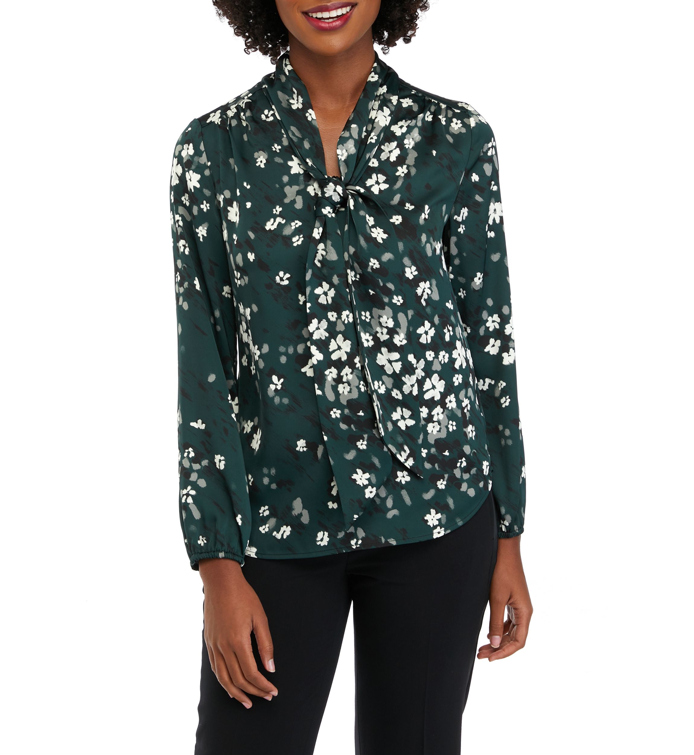Petite Floral Print Long Sleeve Bow Blouse