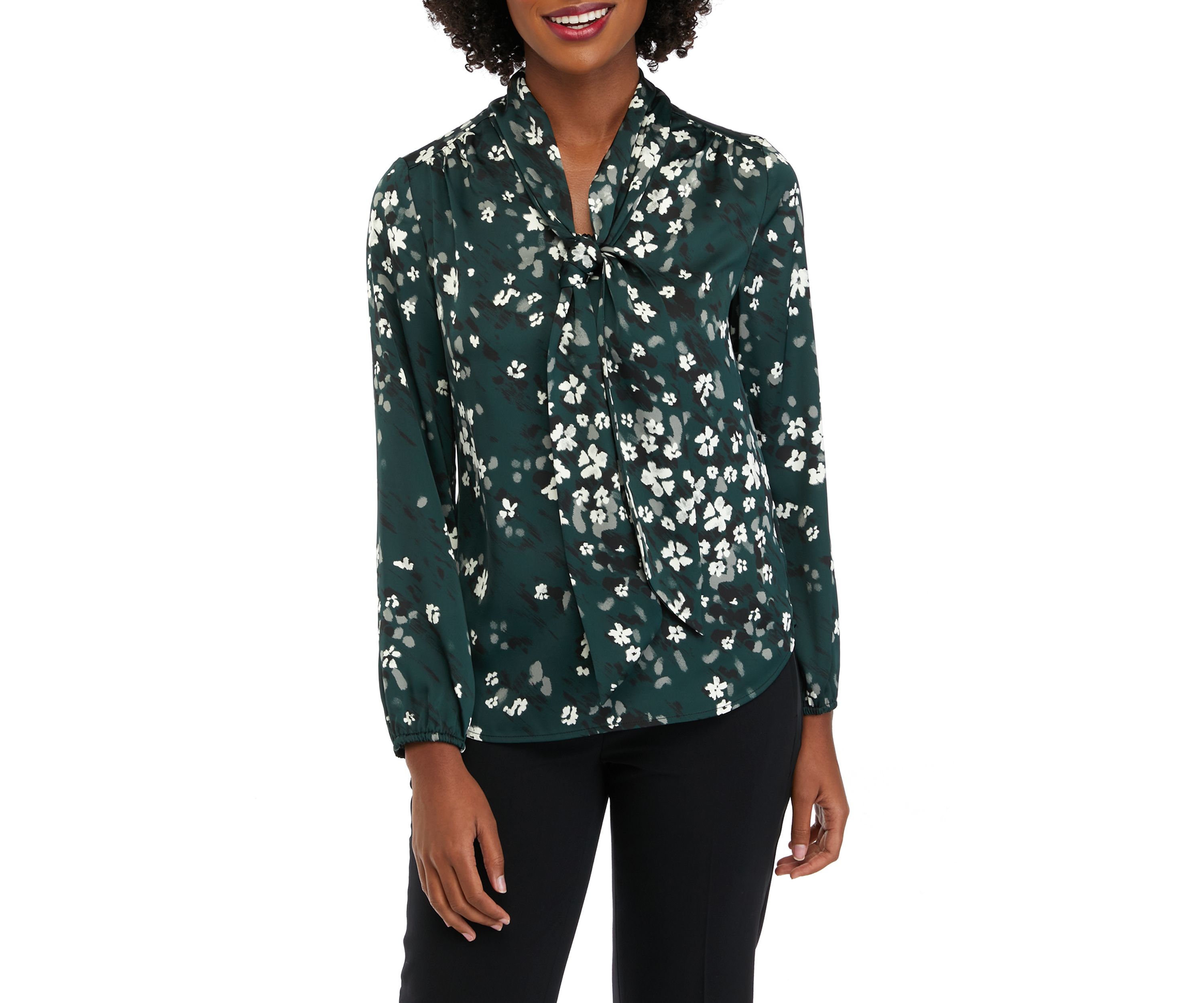 Petite Floral Print Long Sleeve Bow Blouse
