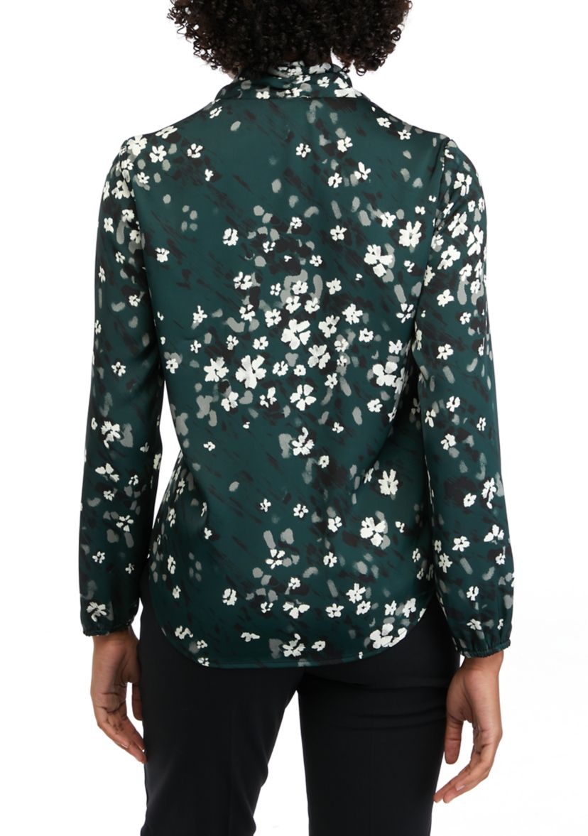 Petite Floral Print Long Sleeve Bow Blouse