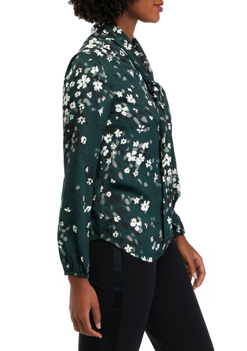 Petite Floral Print Long Sleeve Bow Blouse
