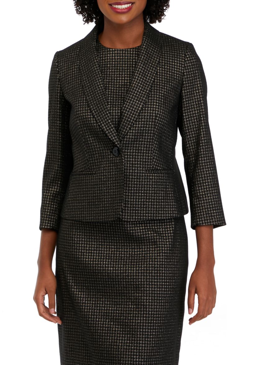 Womens Metallic Houndstooth One Button Shawl Collar Jacket