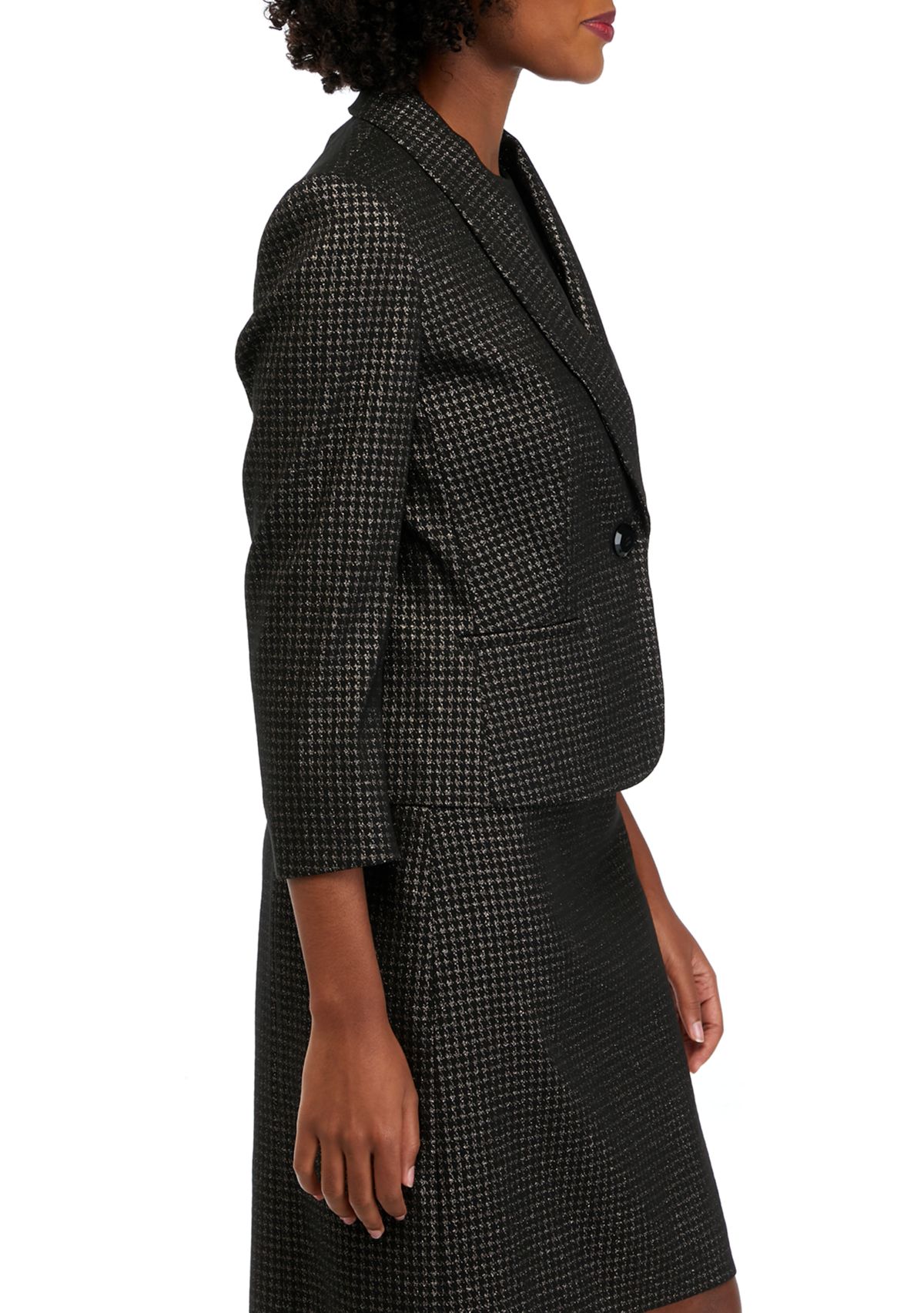 Womens Metallic Houndstooth One Button Shawl Collar Jacket