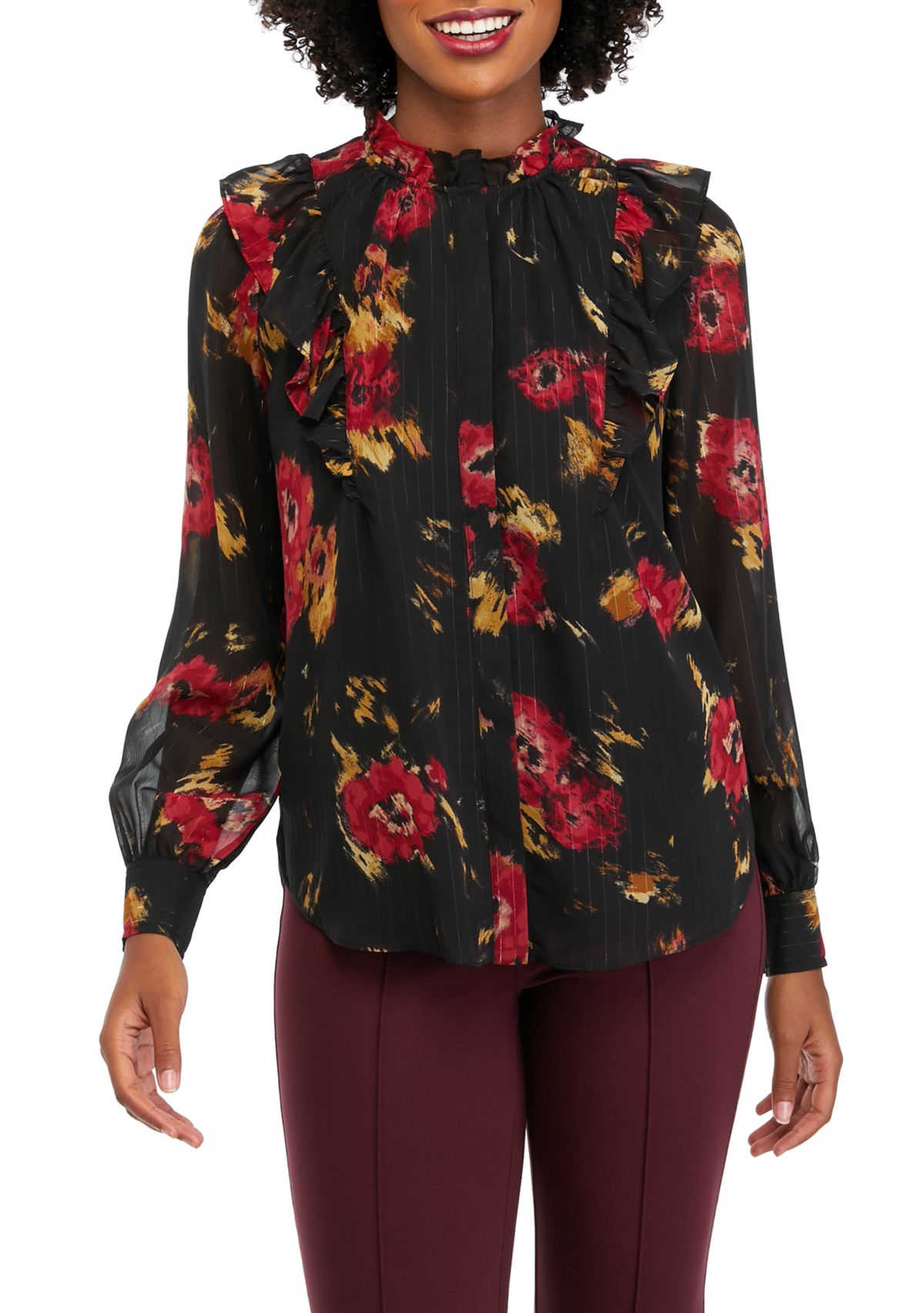Womens Floral Printed Ruffle Neck Blouse