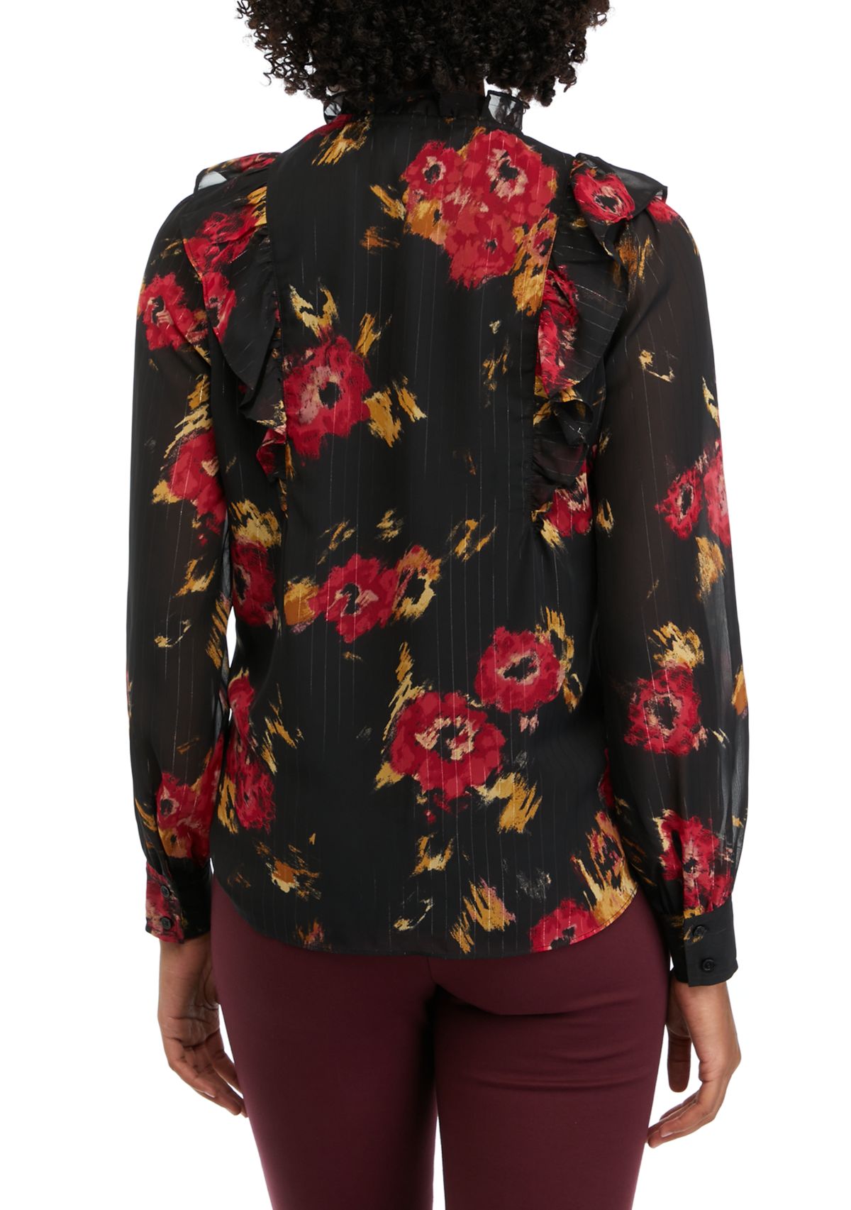 Womens Floral Printed Ruffle Neck Blouse