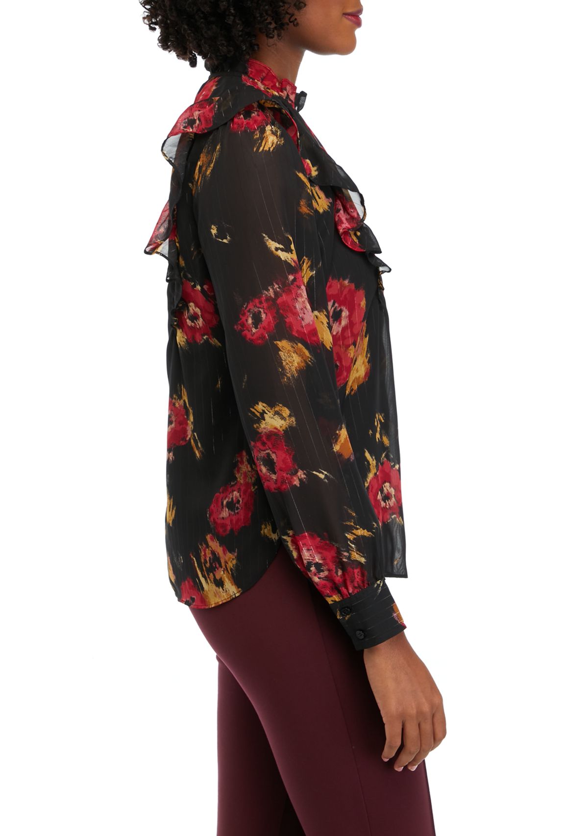 Womens Floral Printed Ruffle Neck Blouse