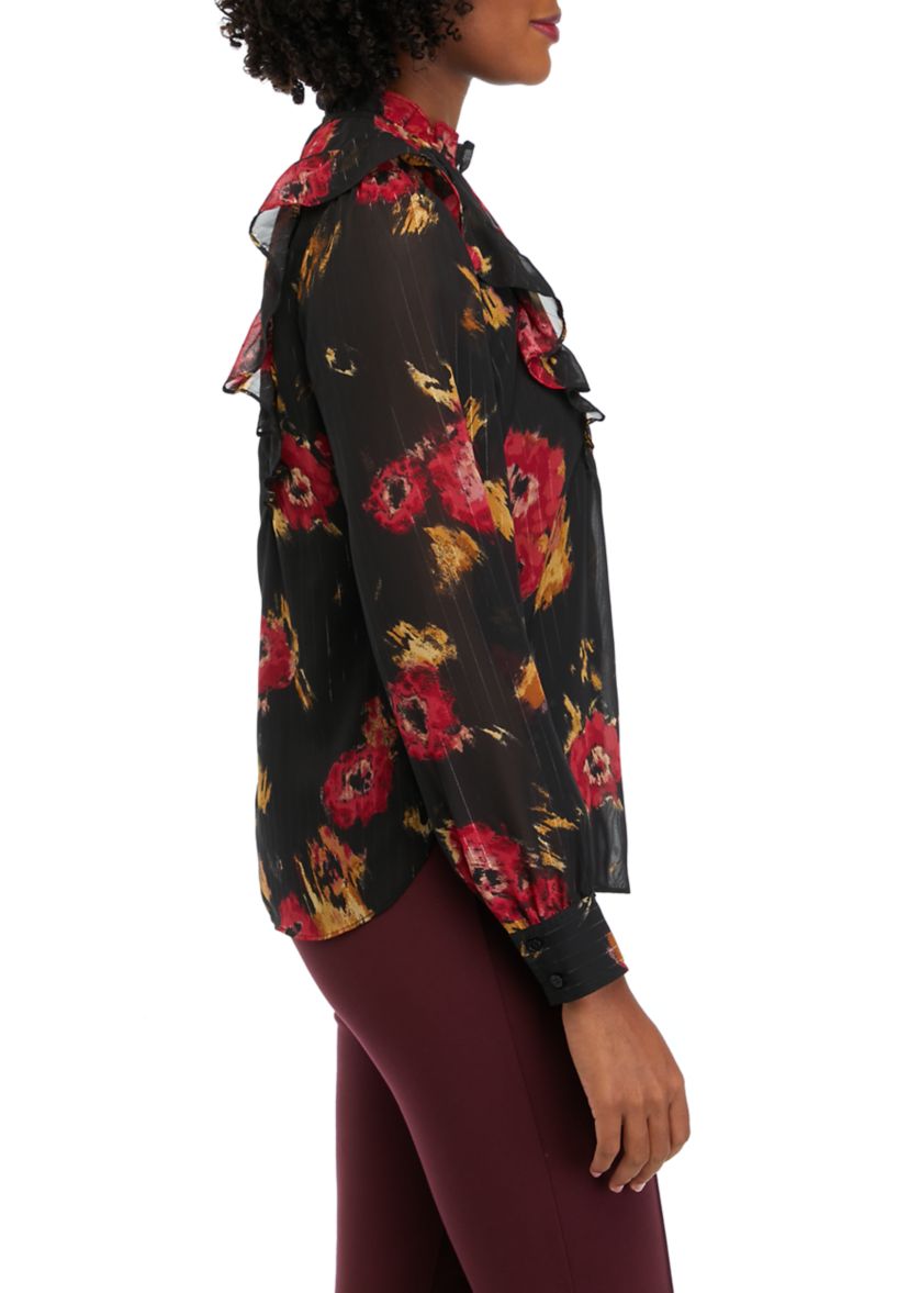 Womens Floral Printed Ruffle Neck Blouse
