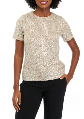 THE LIMITED Women's Petite Short Sleeve Sequin T-Shirt