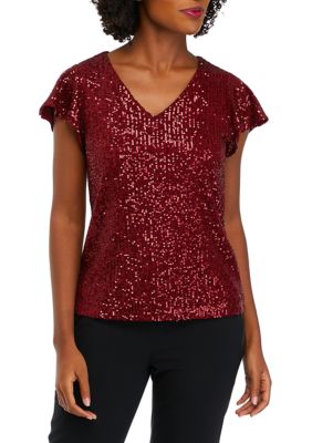 THE LIMITED Women's Flutter Sleeve Sequin Top, Small