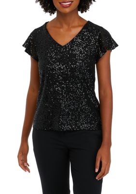 THE LIMITED Women's Petite V-Neck Flutter Sleeve Sequin Top