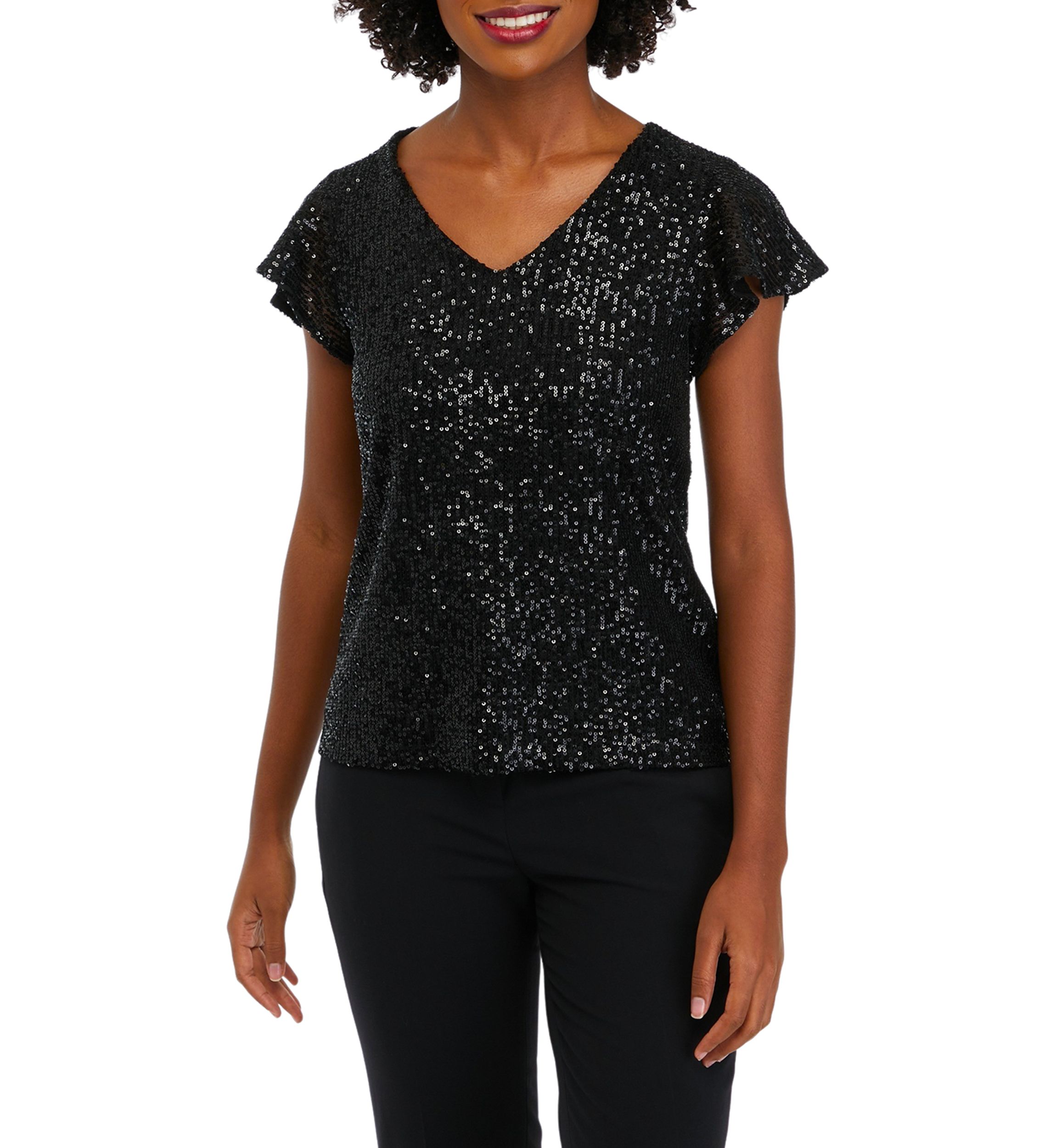 Petite V-Neck Flutter Sleeve Sequin Top