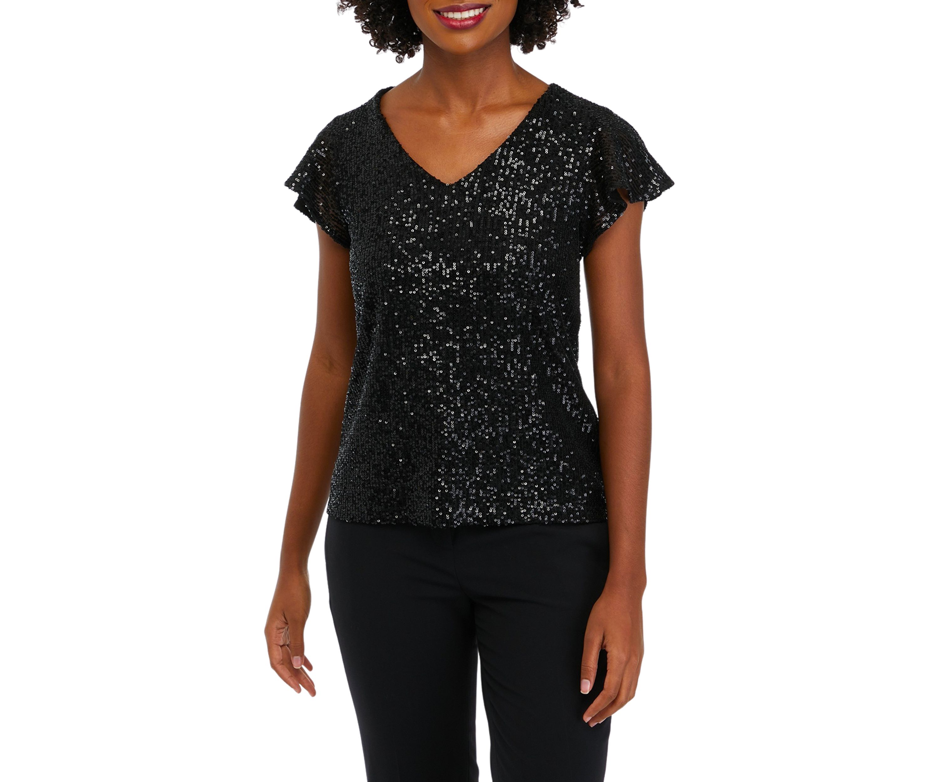 Petite V-Neck Flutter Sleeve Sequin Top