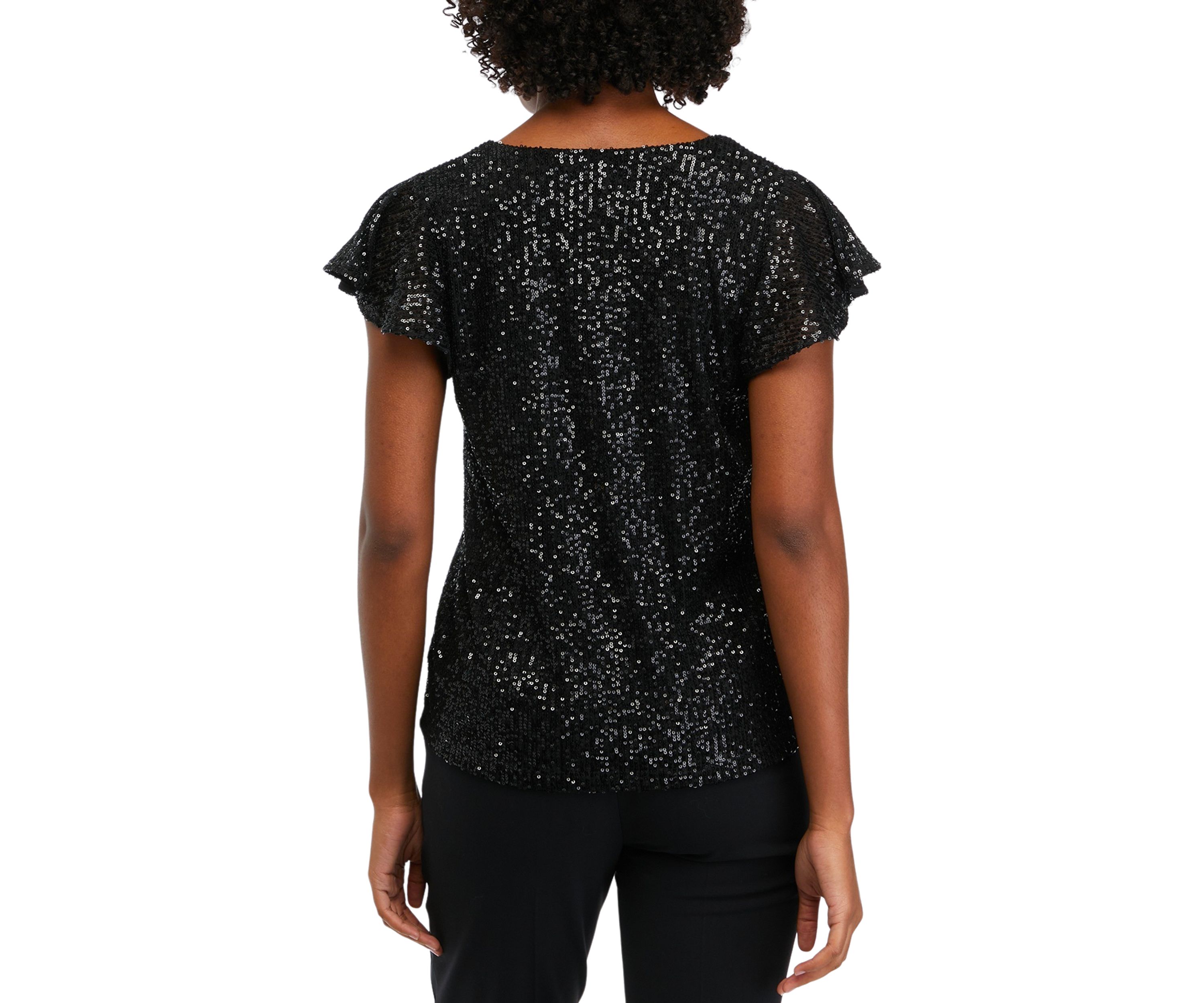 Petite V-Neck Flutter Sleeve Sequin Top