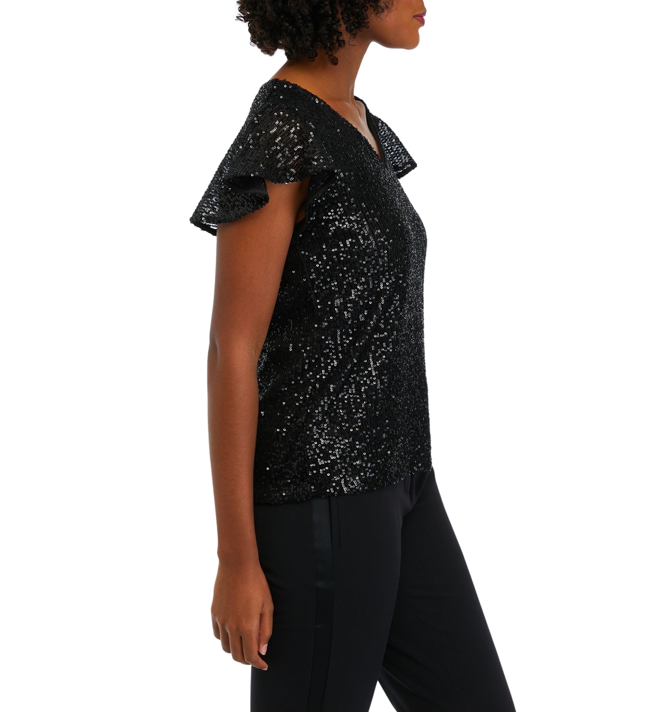 Petite V-Neck Flutter Sleeve Sequin Top