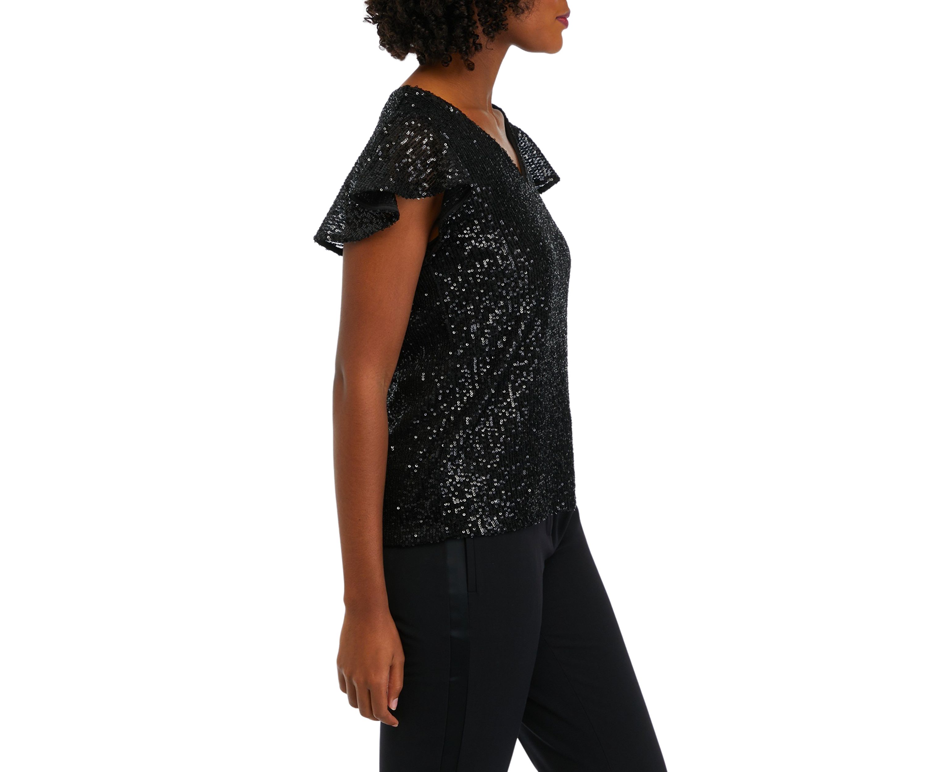 Petite V-Neck Flutter Sleeve Sequin Top