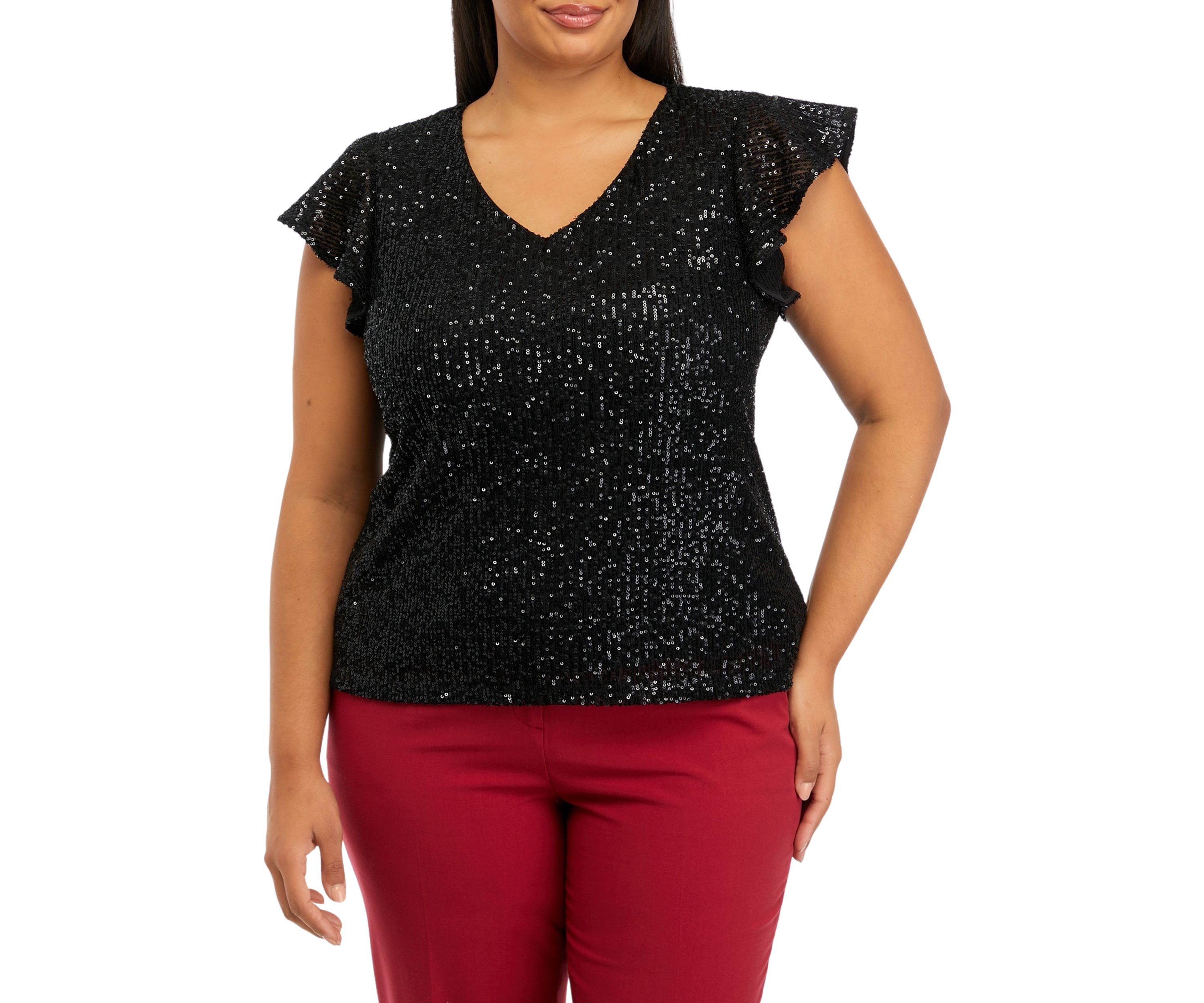 Plus Size V-Neck Flutter Sleeve Sequin Top