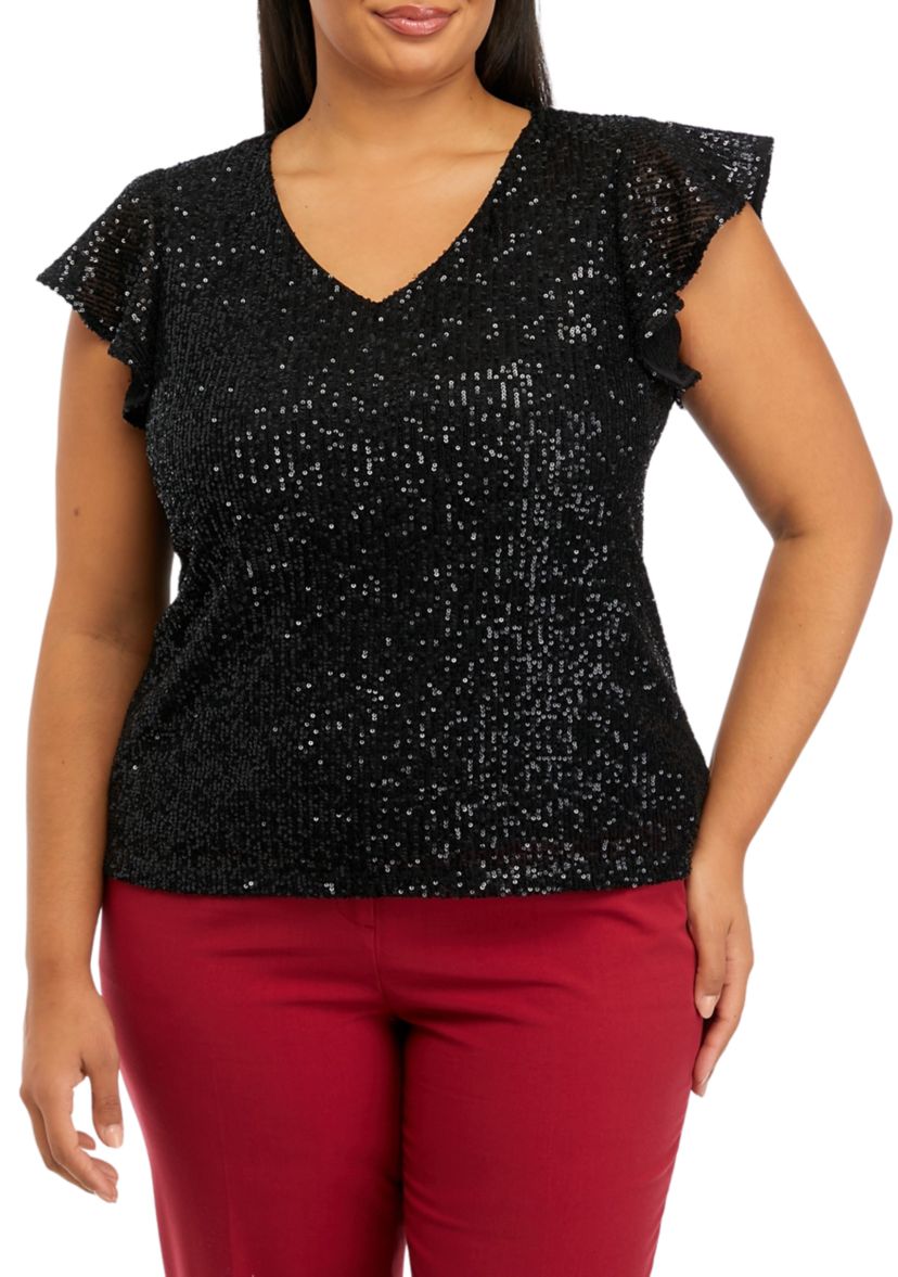 Plus Size V-Neck Flutter Sleeve Sequin Top