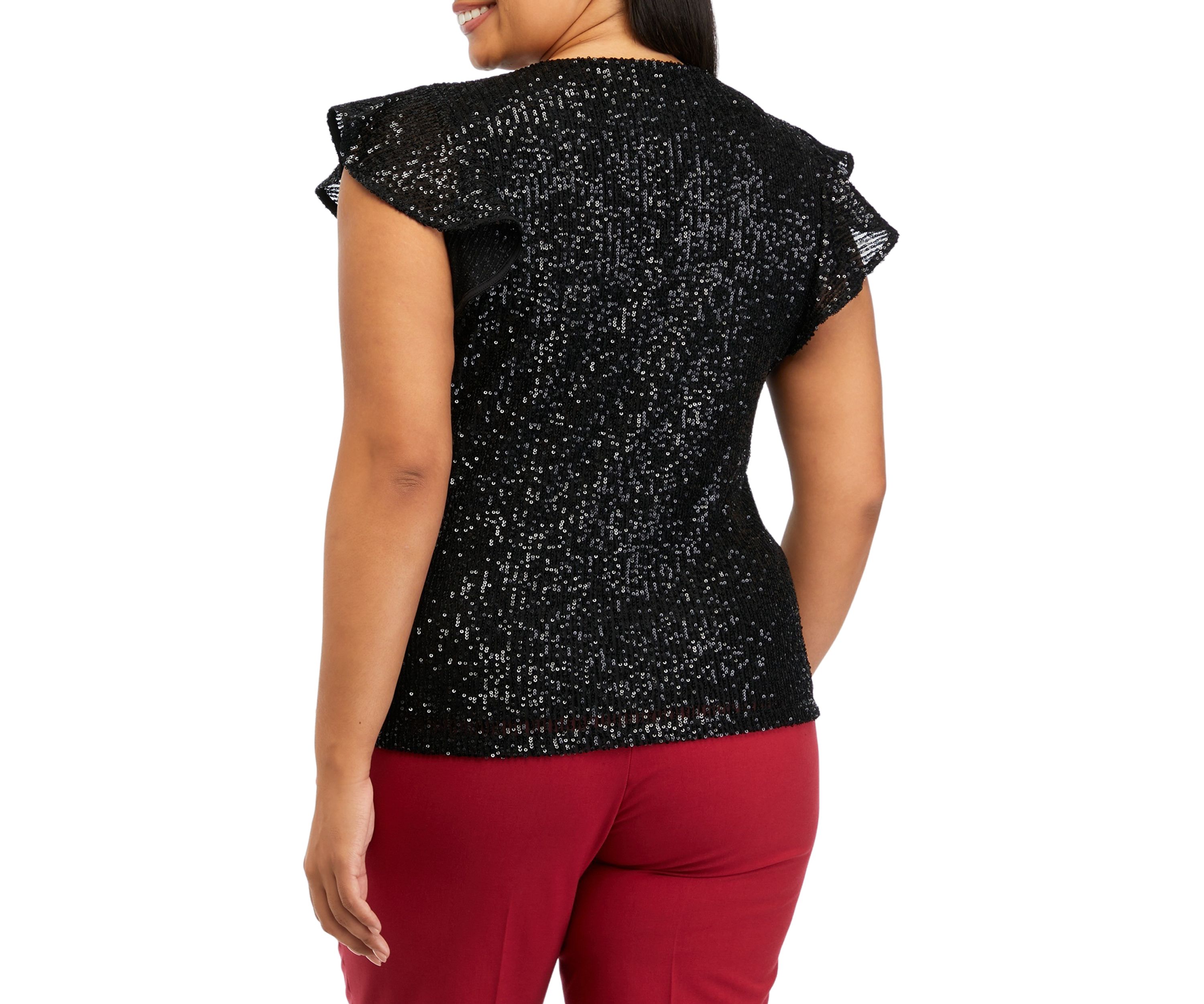Plus Size V-Neck Flutter Sleeve Sequin Top