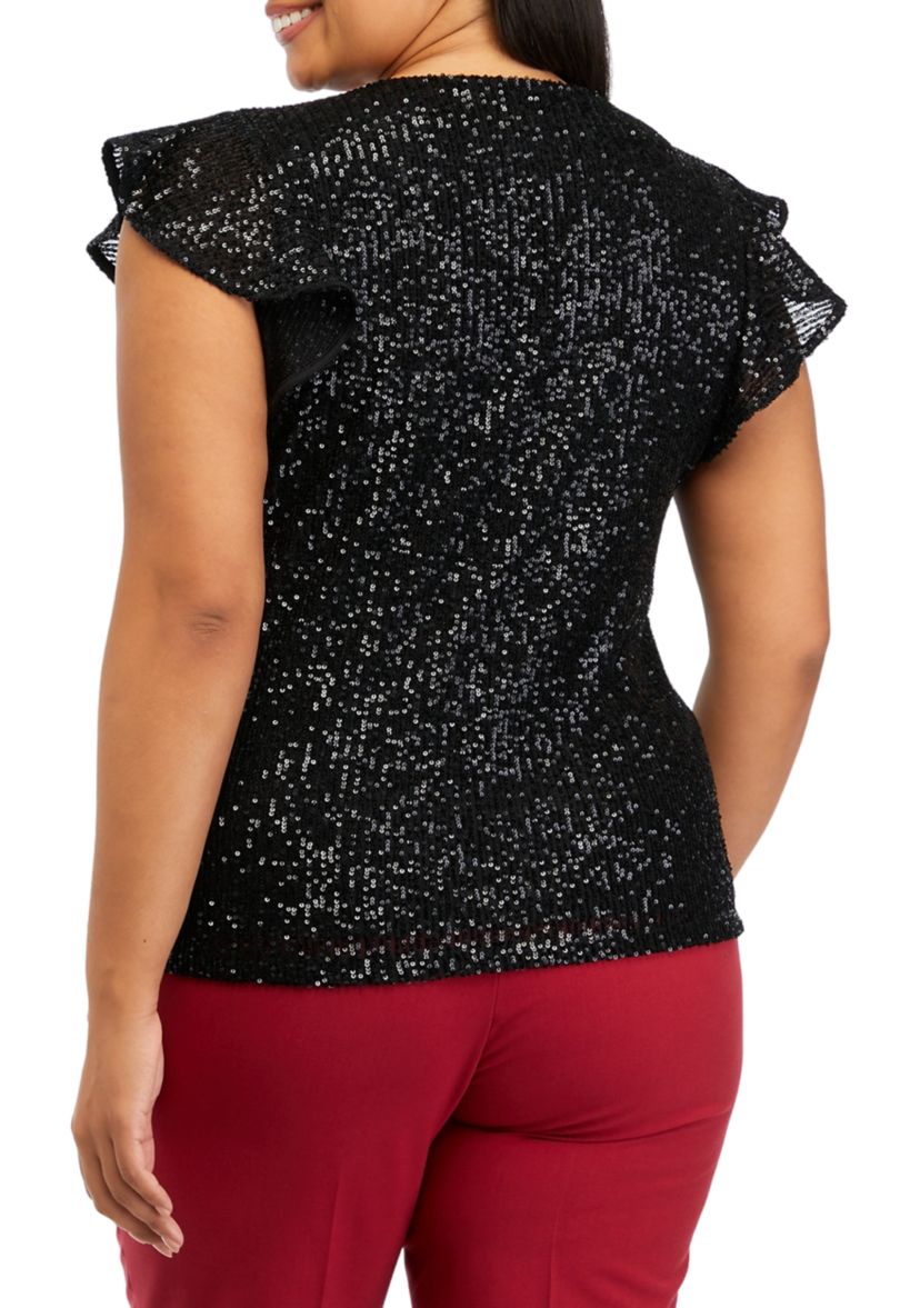 Plus Size V-Neck Flutter Sleeve Sequin Top