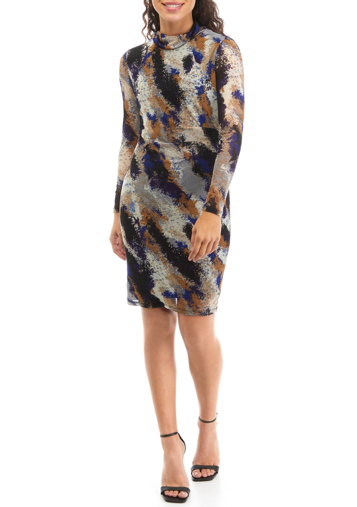 Petite Printed Mesh Long Sleeve Mock Neck Dress