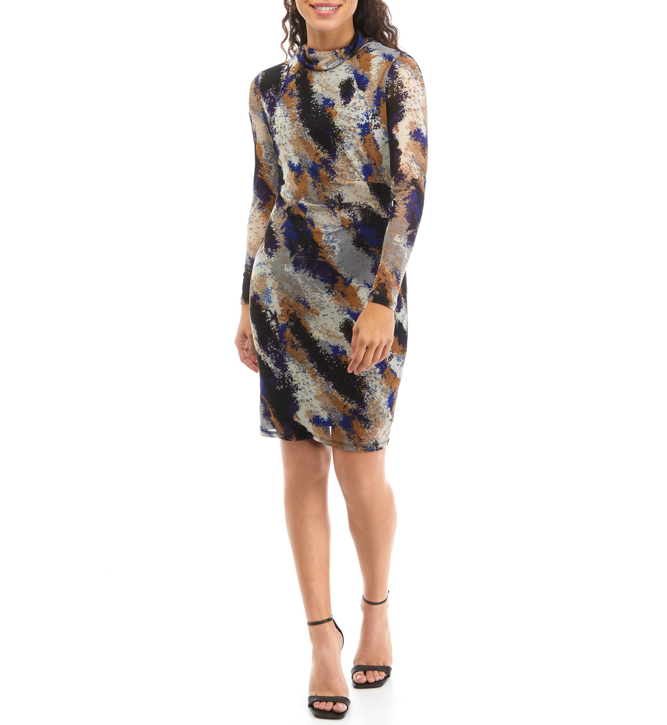 Petite Printed Mesh Long Sleeve Mock Neck Dress
