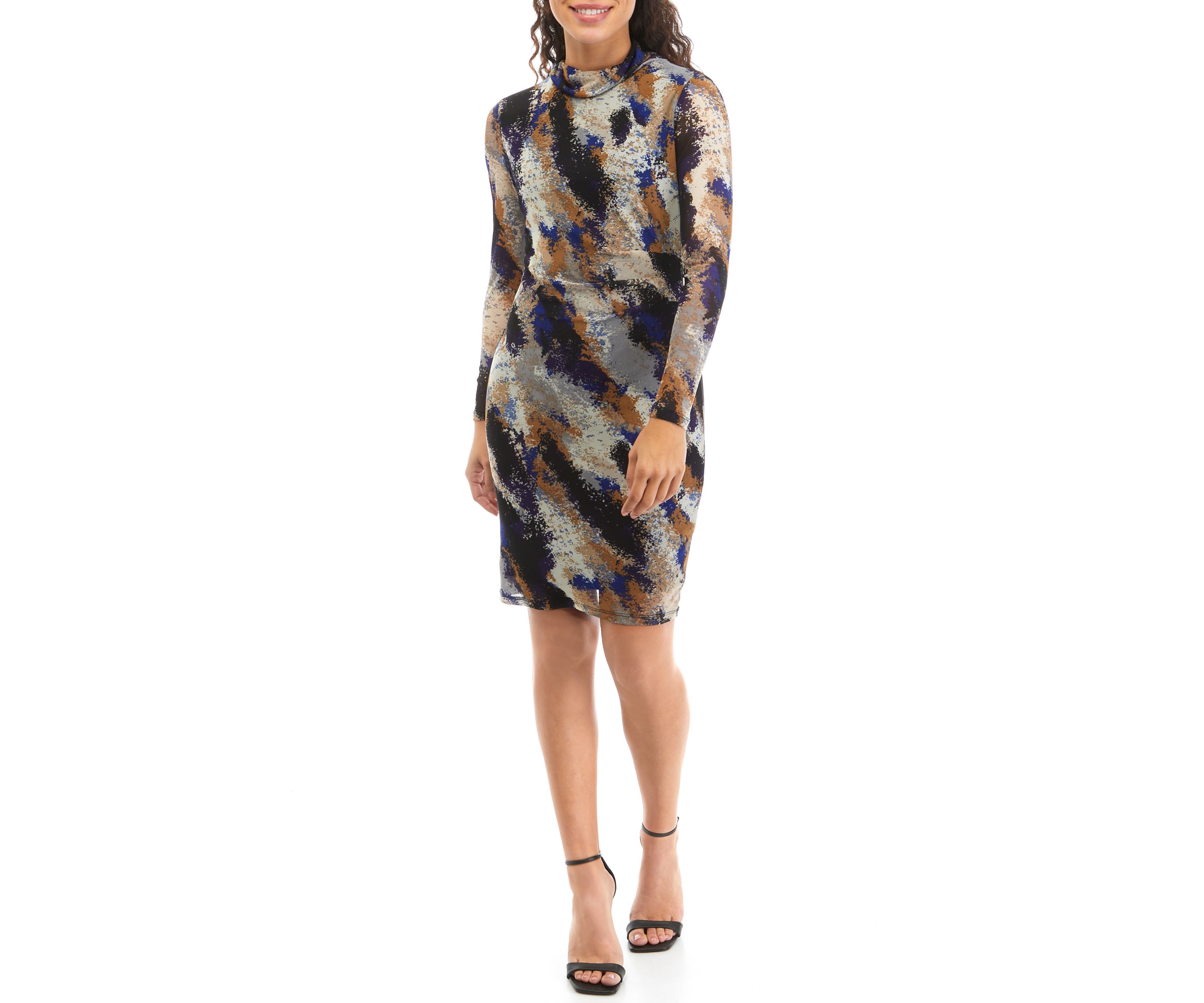 Petite Printed Mesh Long Sleeve Mock Neck Dress
