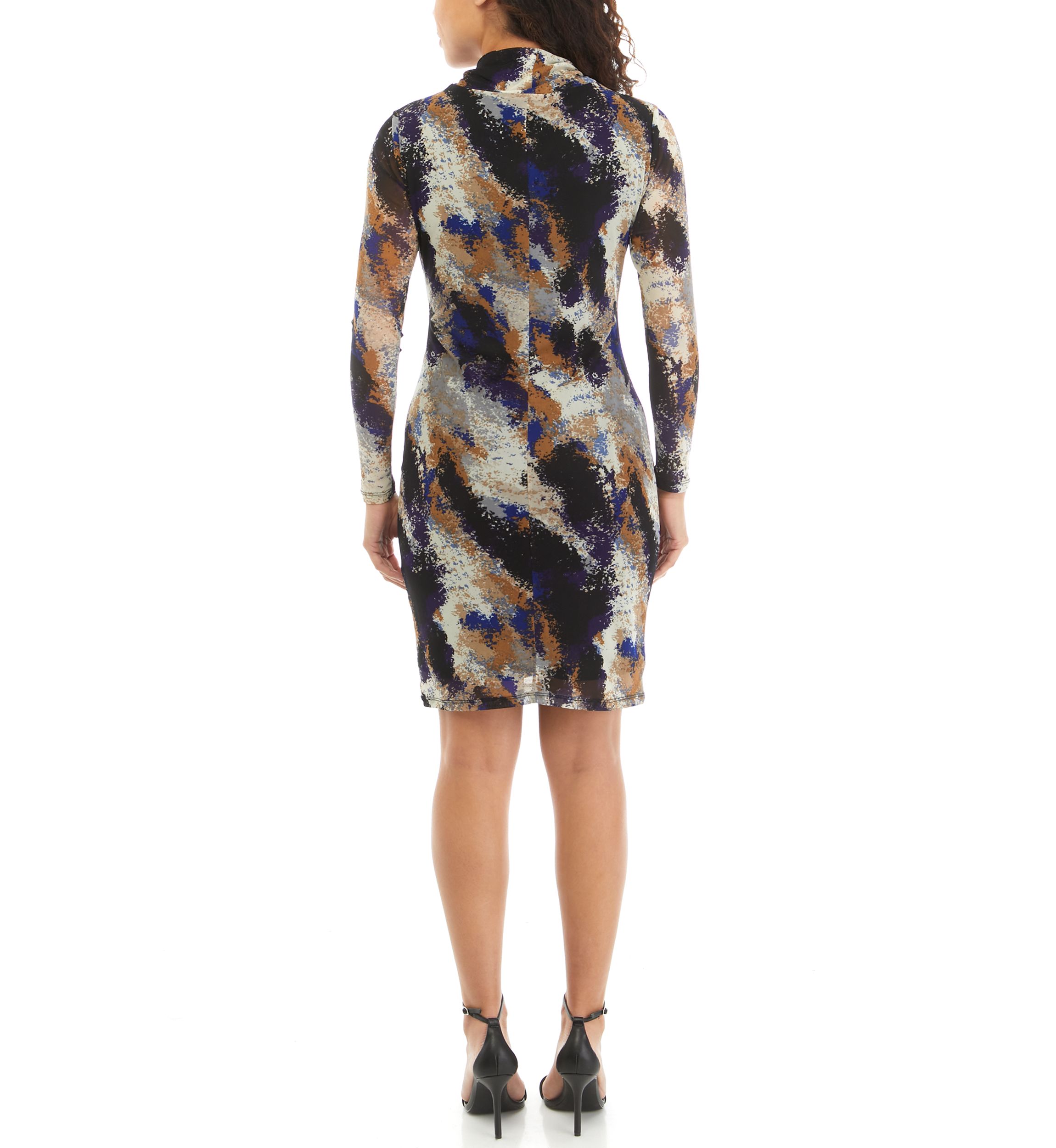 Petite Printed Mesh Long Sleeve Mock Neck Dress