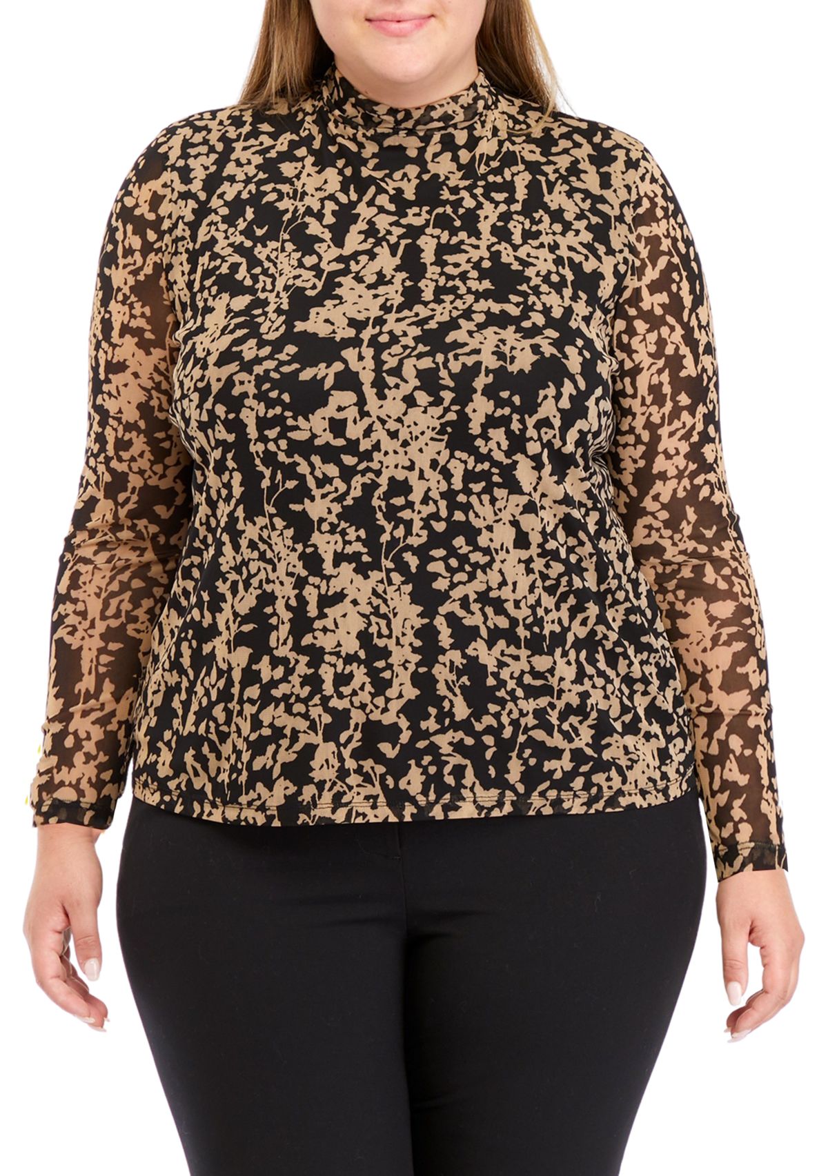 Plus Size Floral Print Long Sleeve Mesh Top