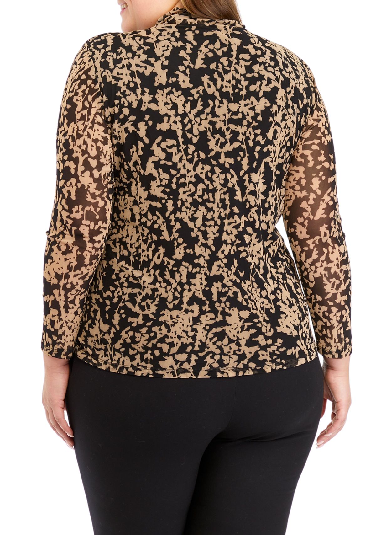 Plus Size Floral Print Long Sleeve Mesh Top