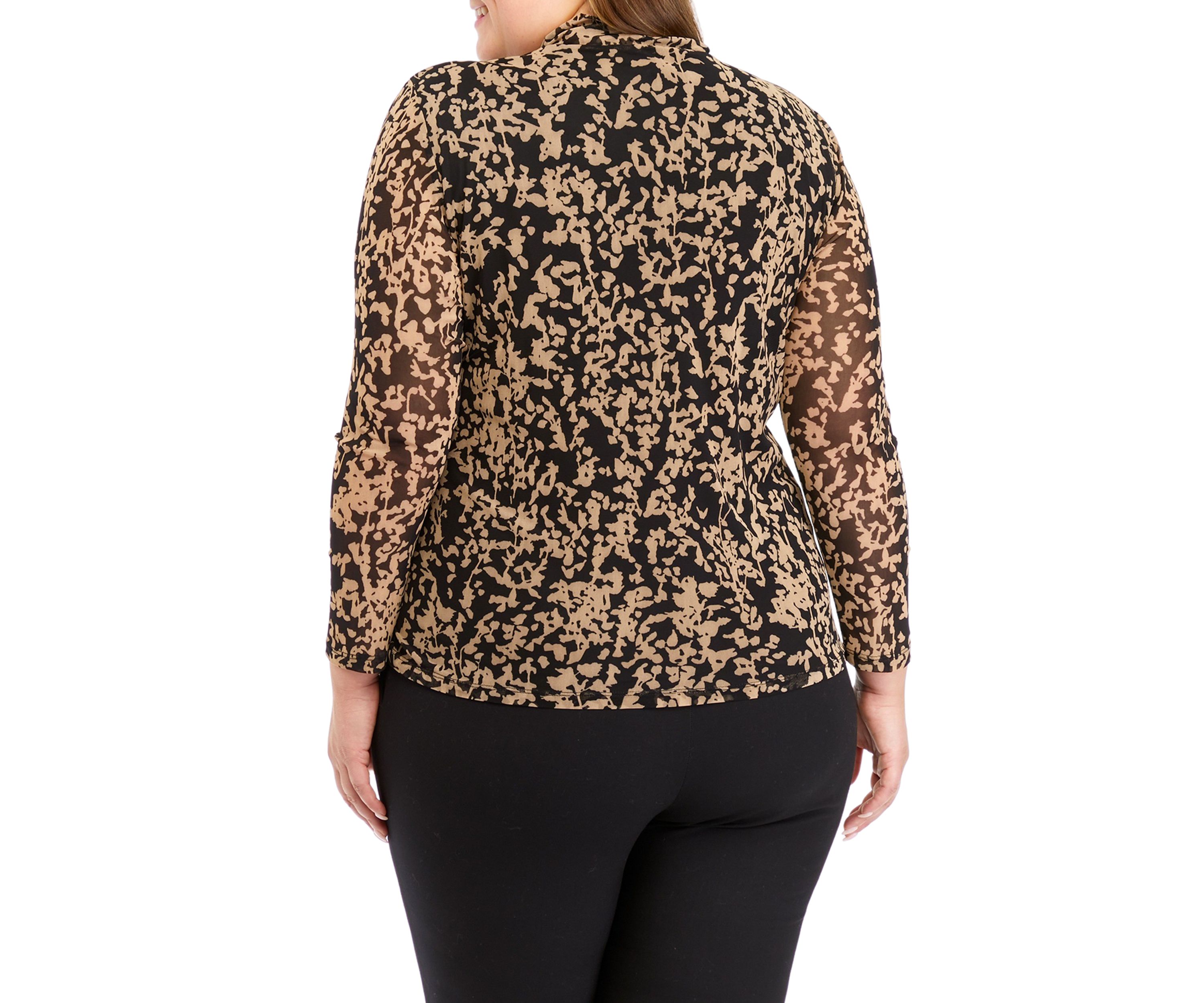 Plus Size Floral Print Long Sleeve Mesh Top