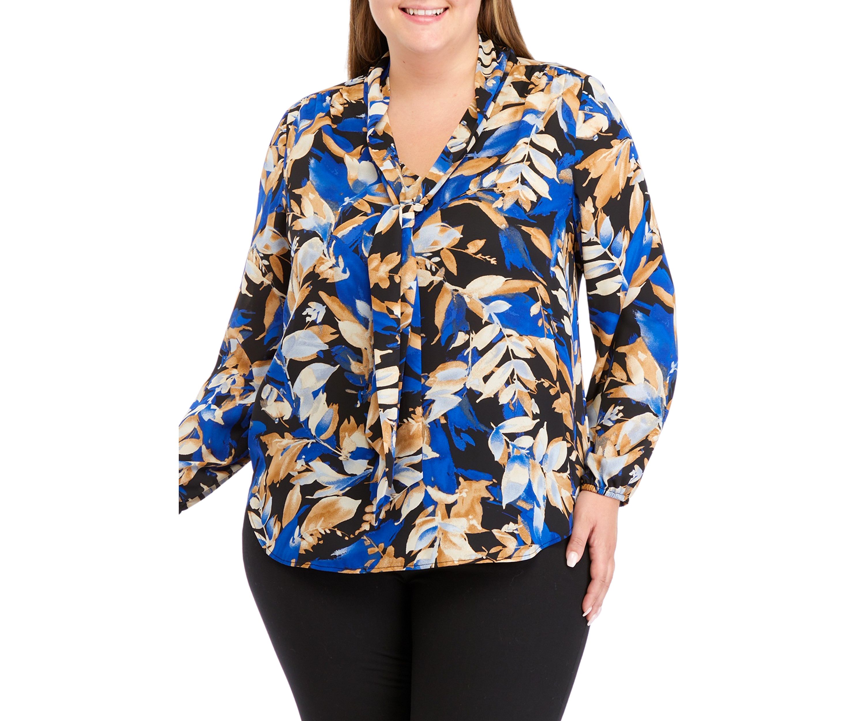 Plus Size Floral Print Tie Neck Long Sleeve Blouse