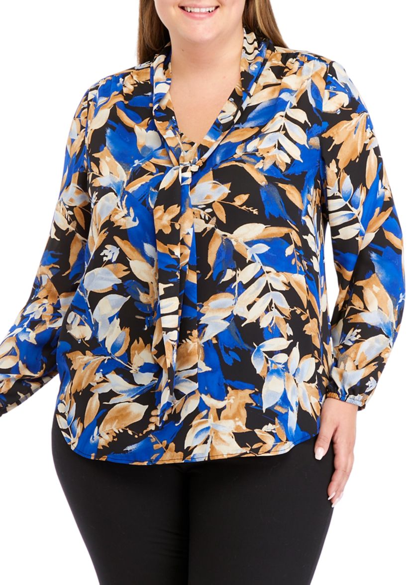 Plus Size Floral Print Tie Neck Long Sleeve Blouse