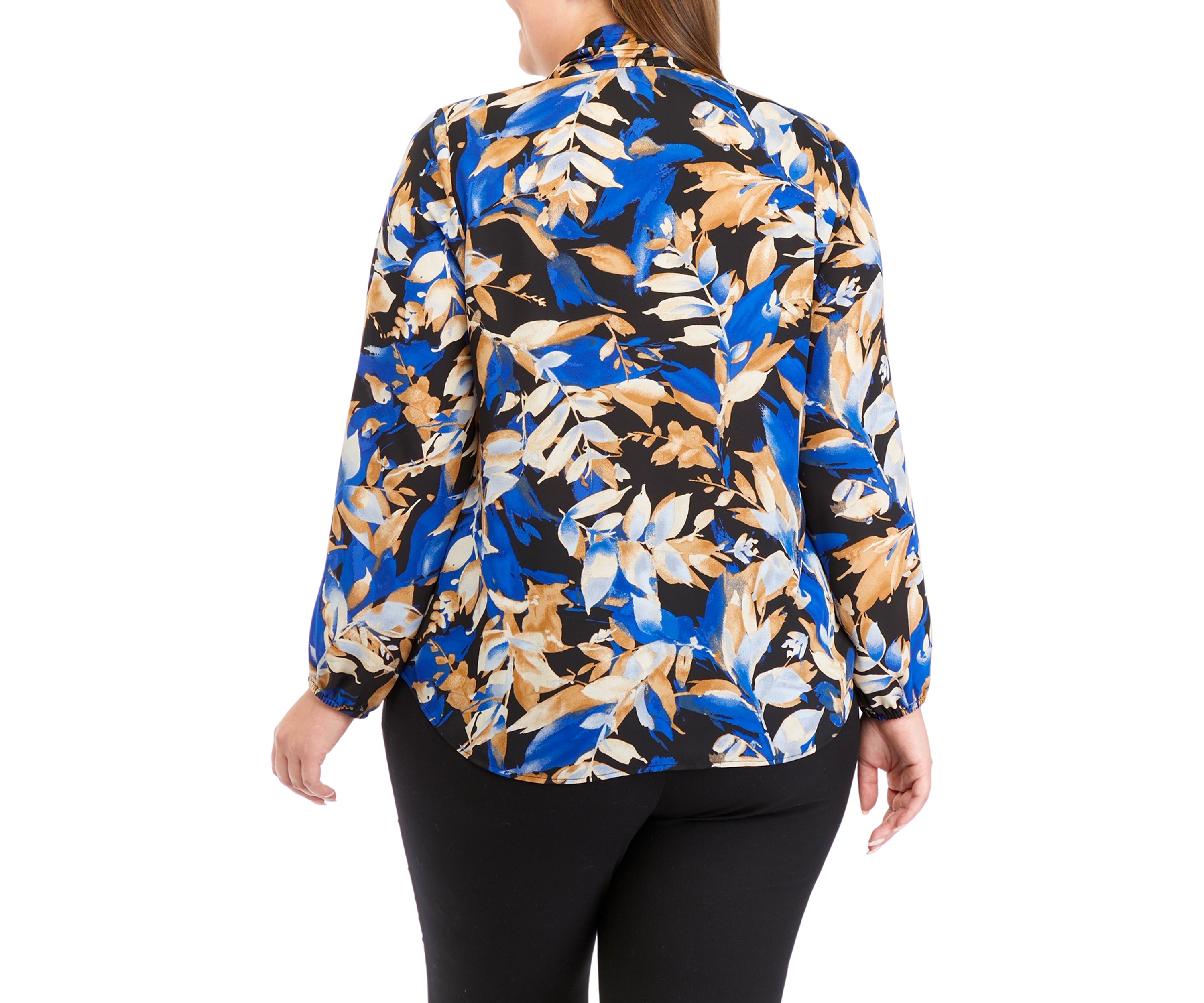 Plus Size Floral Print Tie Neck Long Sleeve Blouse