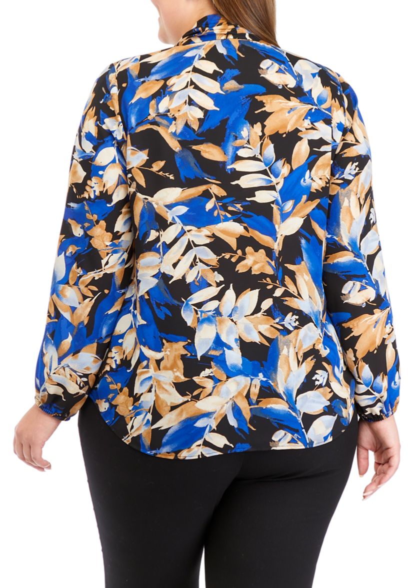Plus Size Floral Print Tie Neck Long Sleeve Blouse