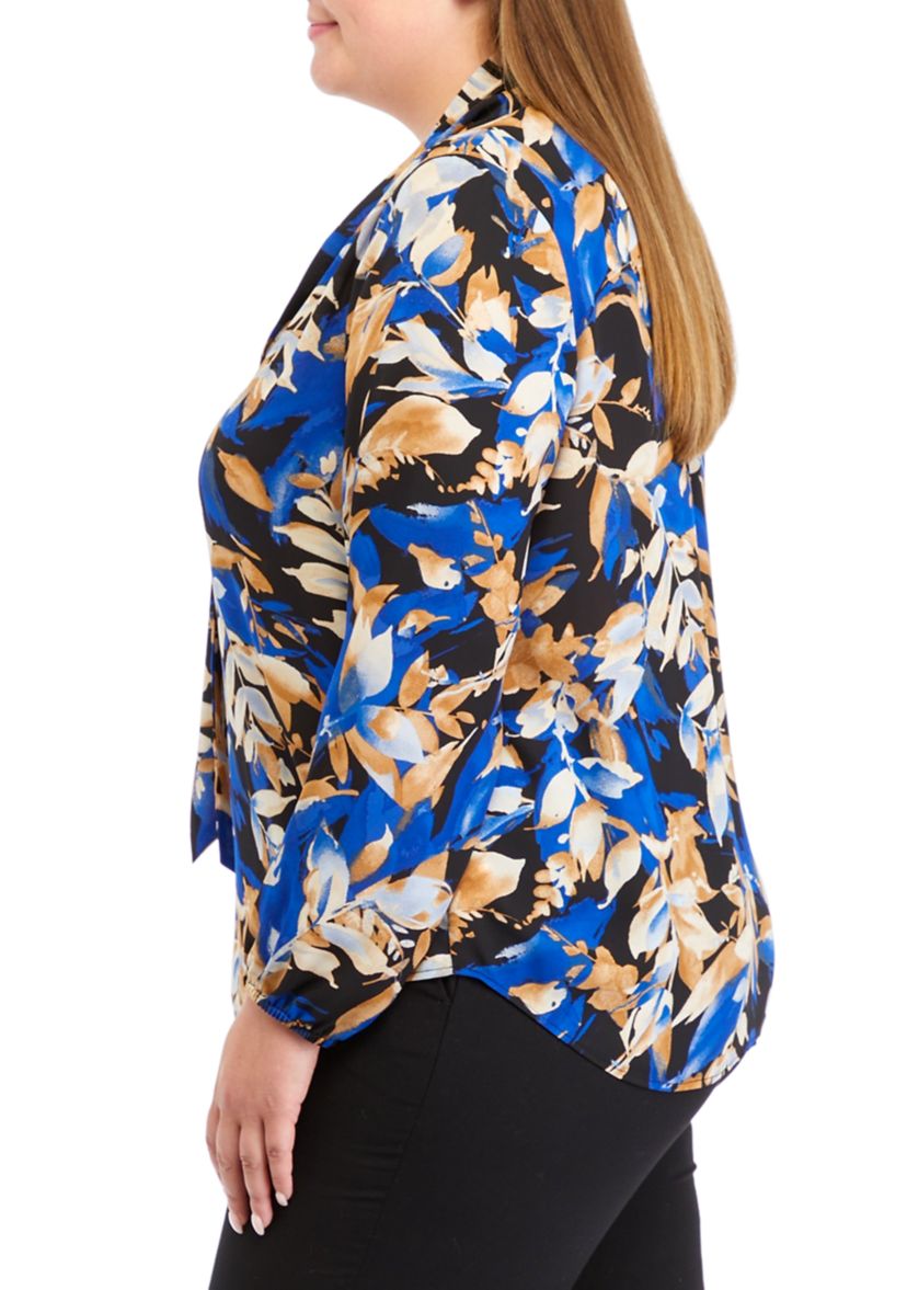 Plus Size Floral Print Tie Neck Long Sleeve Blouse