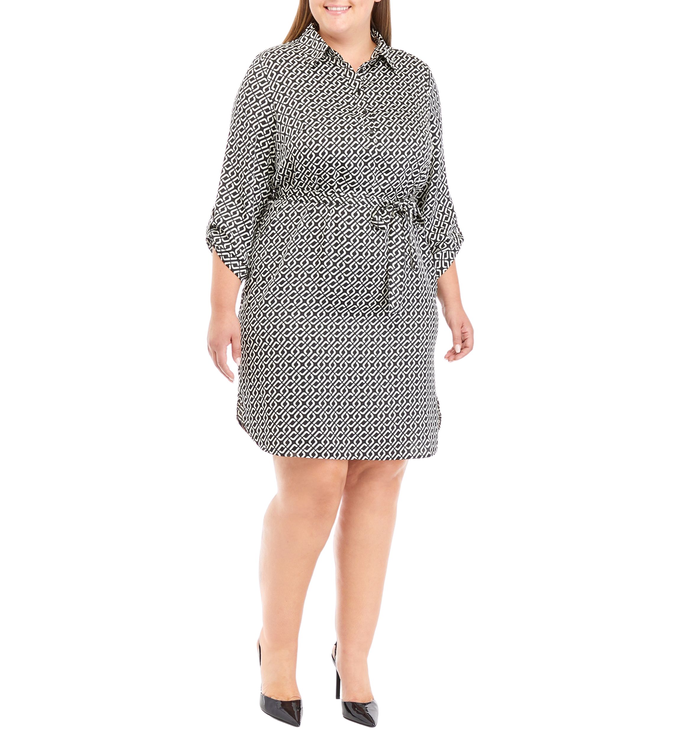 Plus Size Printed Roll Tab Shirtdress