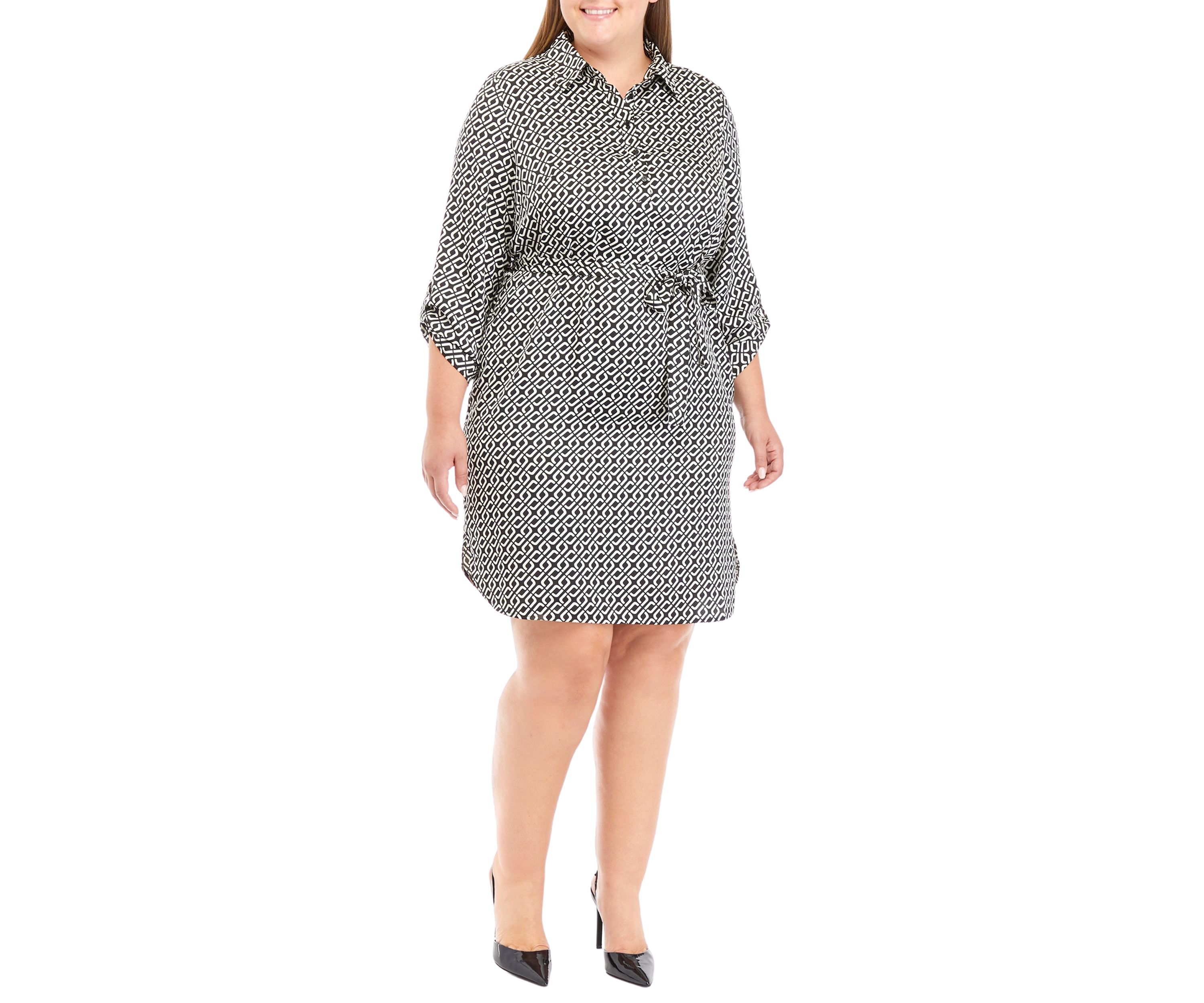 Plus Size Printed Roll Tab Shirtdress