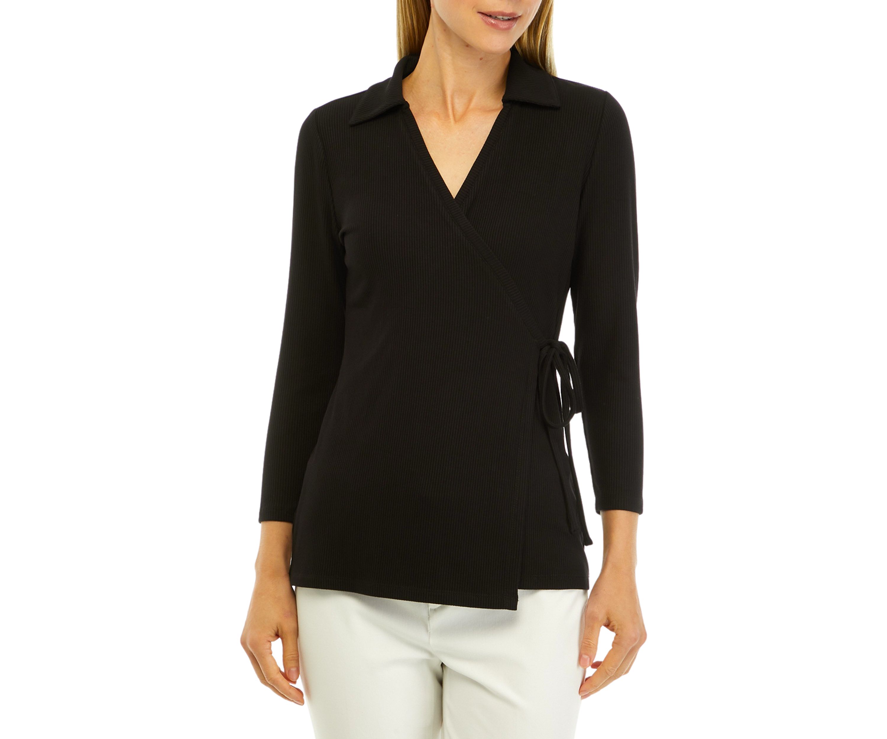 Womens Rib Knit 3/4 Sleeve Wrap Top