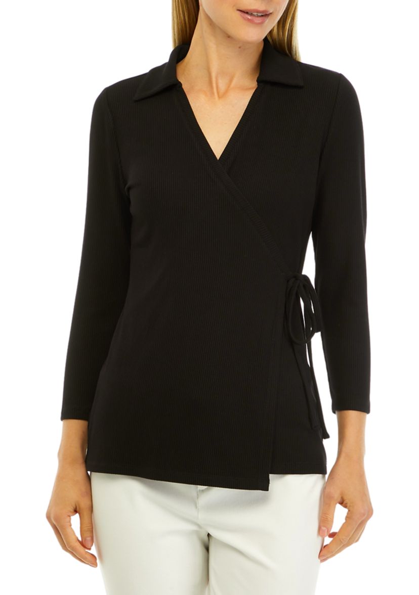 Womens Rib Knit 3/4 Sleeve Wrap Top