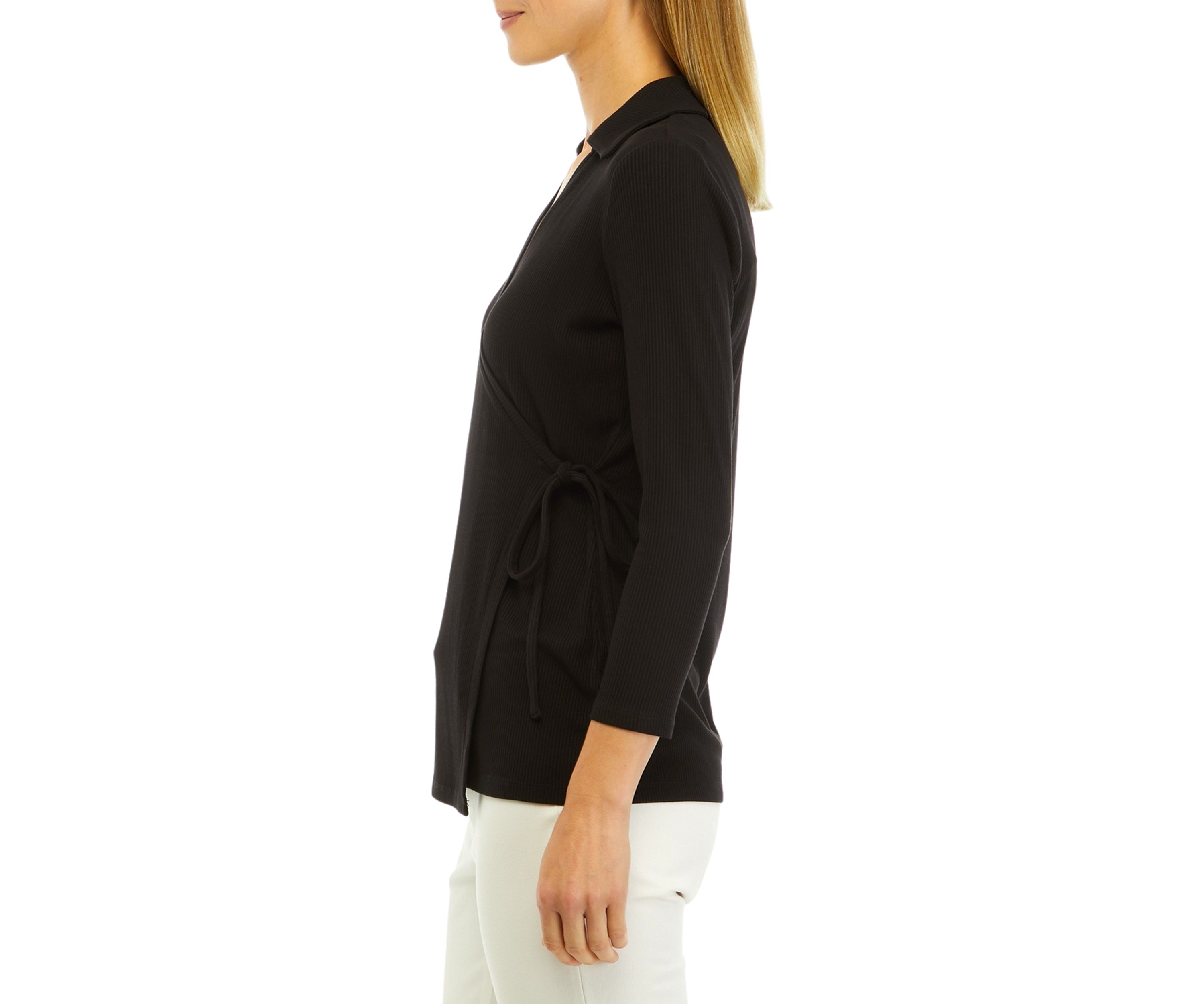 Womens Rib Knit 3/4 Sleeve Wrap Top