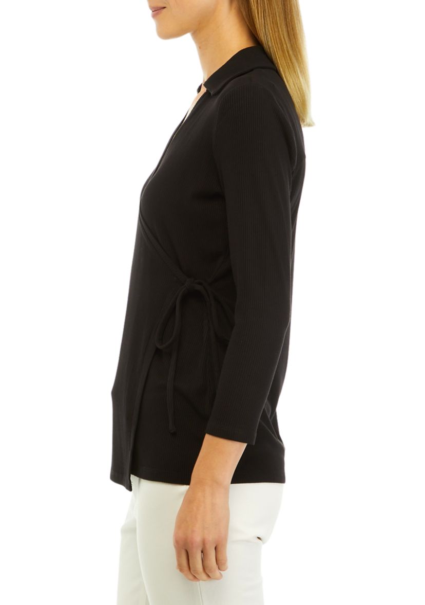 Womens Rib Knit 3/4 Sleeve Wrap Top