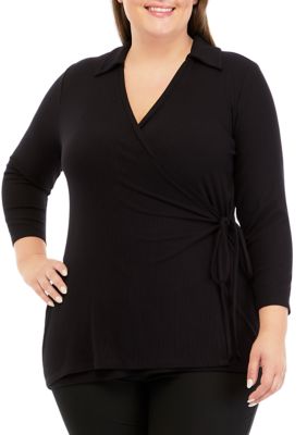 Plus 3/4 Sleeve Wrap Top with Collar