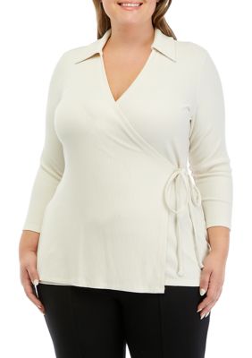 THE LIMITED Women's Plus Size 3/4 Sleeve Wrap Top with Collar, White, 0X