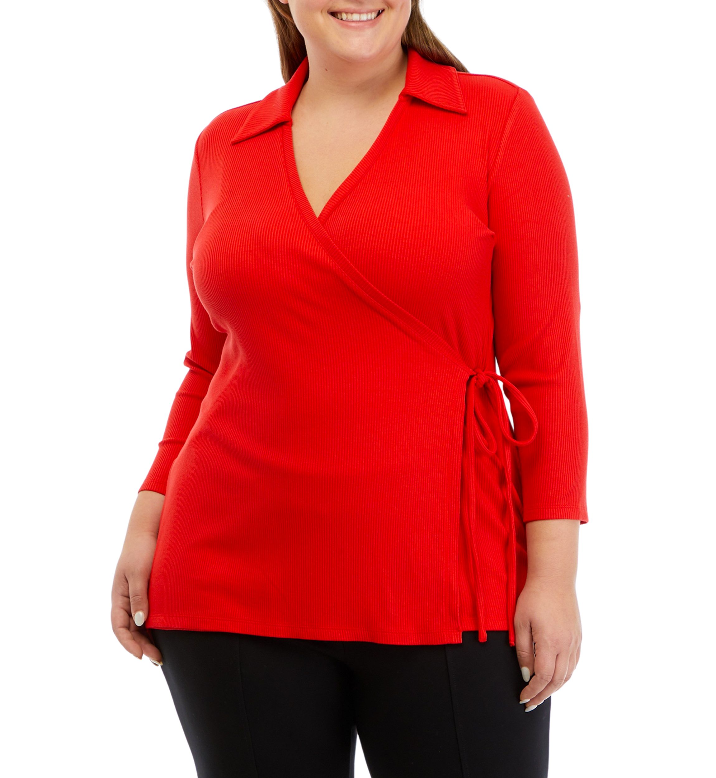 Plus Size 3/4 Sleeve Wrap Top with Collar